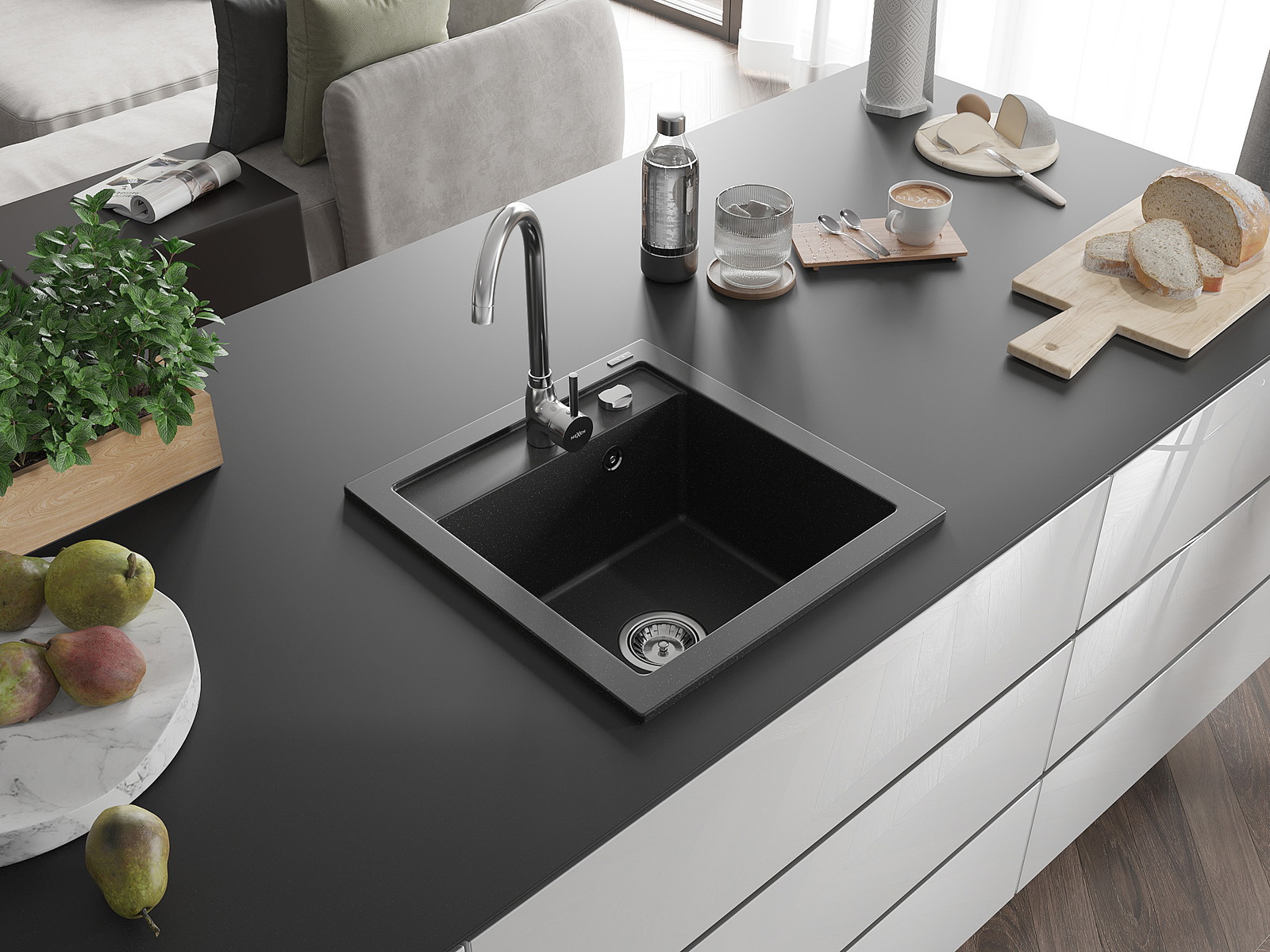 Mexen Vito granit izlietne ar vienu nodalījumu 520 x 490 mm, melna/sudraba metālisks, ar hromētu sifonu - 6503521000-73